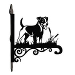 Jack russell terrier metal hanging basket bracket mounted on outdoor wall for plant decoration
