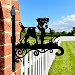Jack russell terrier metal hanging basket bracket mounted on outdoor wall for plant decoration