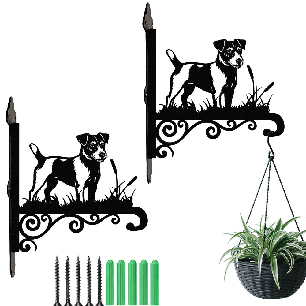 Jack russell terrier metal hanging basket bracket mounted on outdoor wall for plant decoration