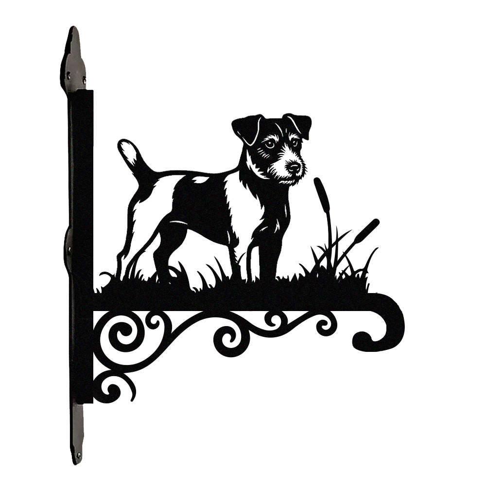 Jack russell terrier metal hanging basket bracket mounted on outdoor wall for plant decoration