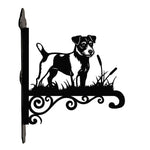 Jack russell terrier metal hanging basket bracket mounted on outdoor wall for plant decoration