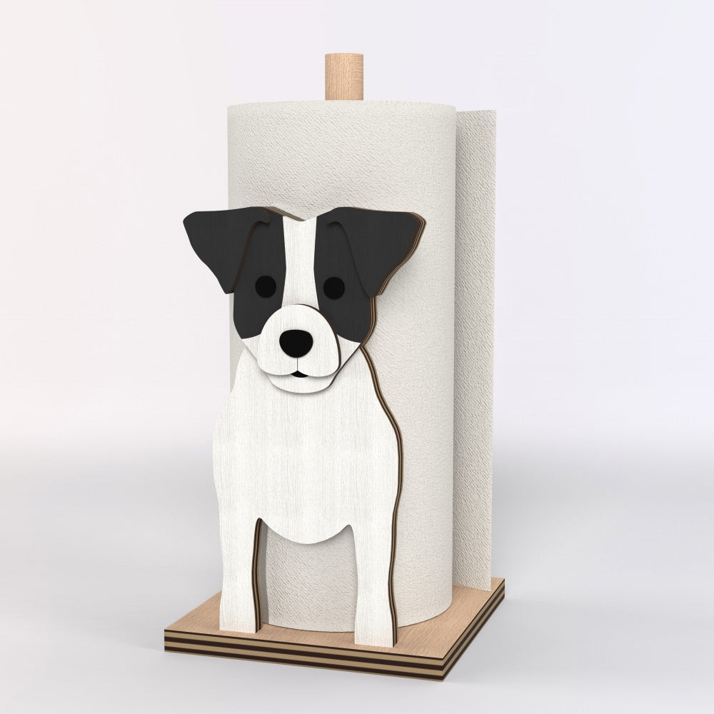 Jack Russell Terrier Wooden Dog Paper Towel Holder displayed on a kitchen countertop with a freestanding paper towel roll