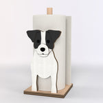 Jack Russell Terrier Wooden Dog Paper Towel Holder displayed on a kitchen countertop with a freestanding paper towel roll