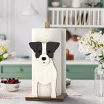Jack Russell Terrier Wooden Dog Paper Towel Holder displayed on a kitchen countertop with a freestanding paper towel roll