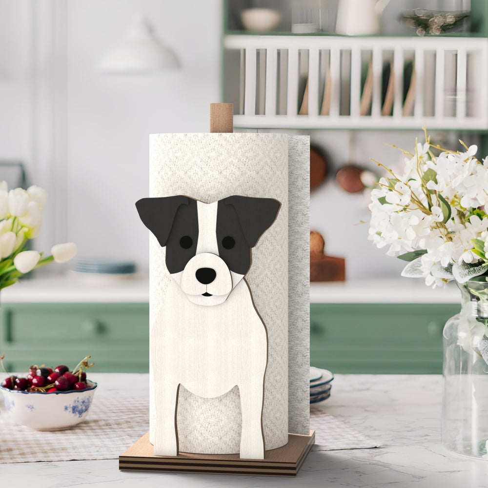 Jack Russell Terrier Wooden Dog Paper Towel Holder displayed on a kitchen countertop with a freestanding paper towel roll