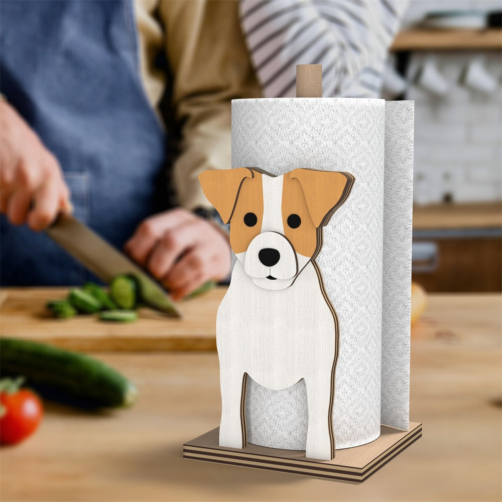 Jack Russell Terrier Wooden Dog Paper Towel Holder displayed on a kitchen countertop with a freestanding paper towel roll