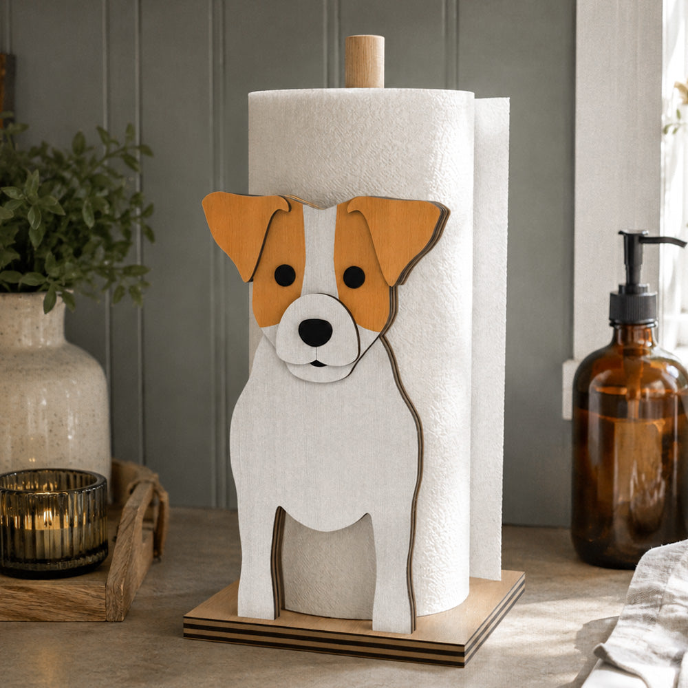 Jack Russell Terrier Wooden Dog Paper Towel Holder displayed on a kitchen countertop with a freestanding paper towel roll