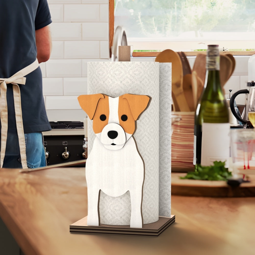 Jack Russell Terrier Wooden Dog Paper Towel Holder displayed on a kitchen countertop with a freestanding paper towel roll