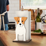 Jack Russell Terrier Wooden Dog Paper Towel Holder displayed on a kitchen countertop with a freestanding paper towel roll