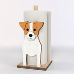 Jack Russell Terrier Wooden Dog Paper Towel Holder displayed on a kitchen countertop with a freestanding paper towel roll