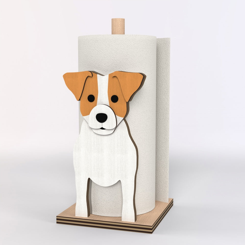 Jack Russell Terrier Wooden Dog Paper Towel Holder displayed on a kitchen countertop with a freestanding paper towel roll