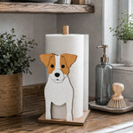 Jack Russell Terrier Wooden Dog Paper Towel Holder displayed on a kitchen countertop with a freestanding paper towel roll