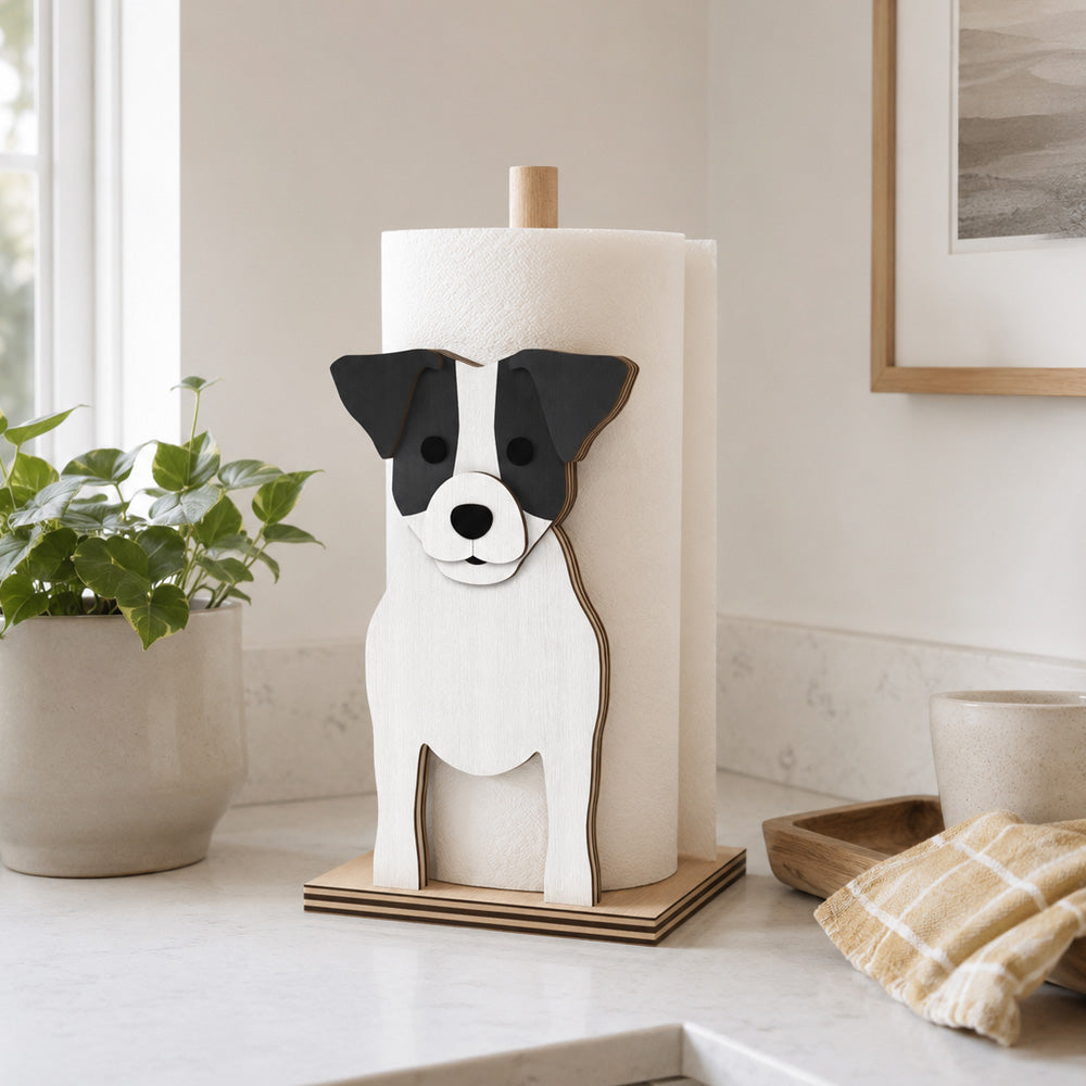 Jack Russell Terrier Wooden Dog Paper Towel Holder displayed on a kitchen countertop with a freestanding paper towel roll