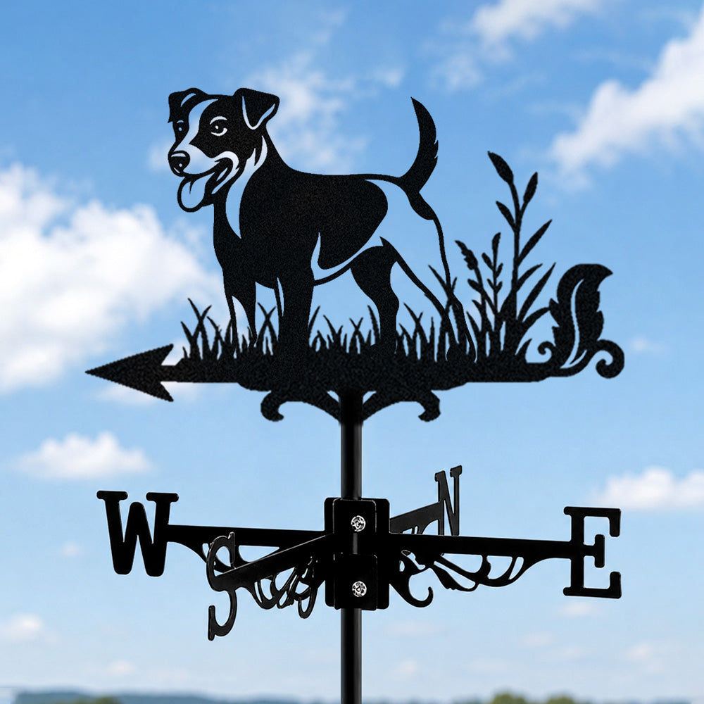 Jack russell terrier metal weather vane with directional arrows and mounting rod, outdoor roof and garden decoration