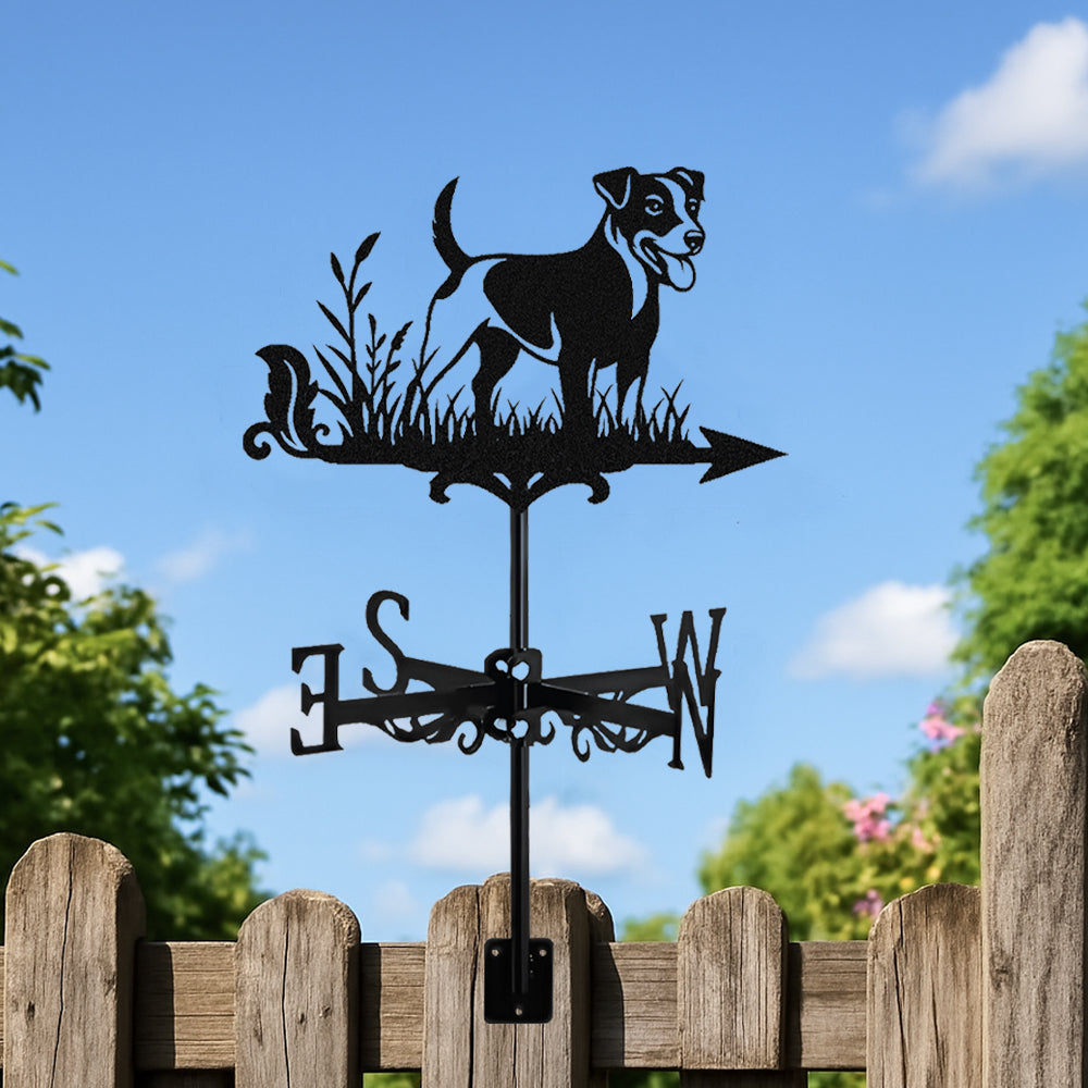 Jack russell terrier metal weather vane with directional arrows and mounting rod, outdoor roof and garden decoration