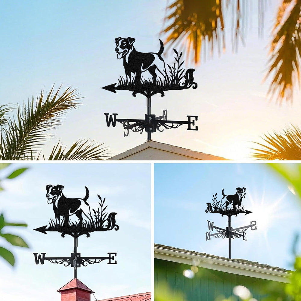 Jack russell terrier metal weather vane with directional arrows and mounting rod, outdoor roof and garden decoration