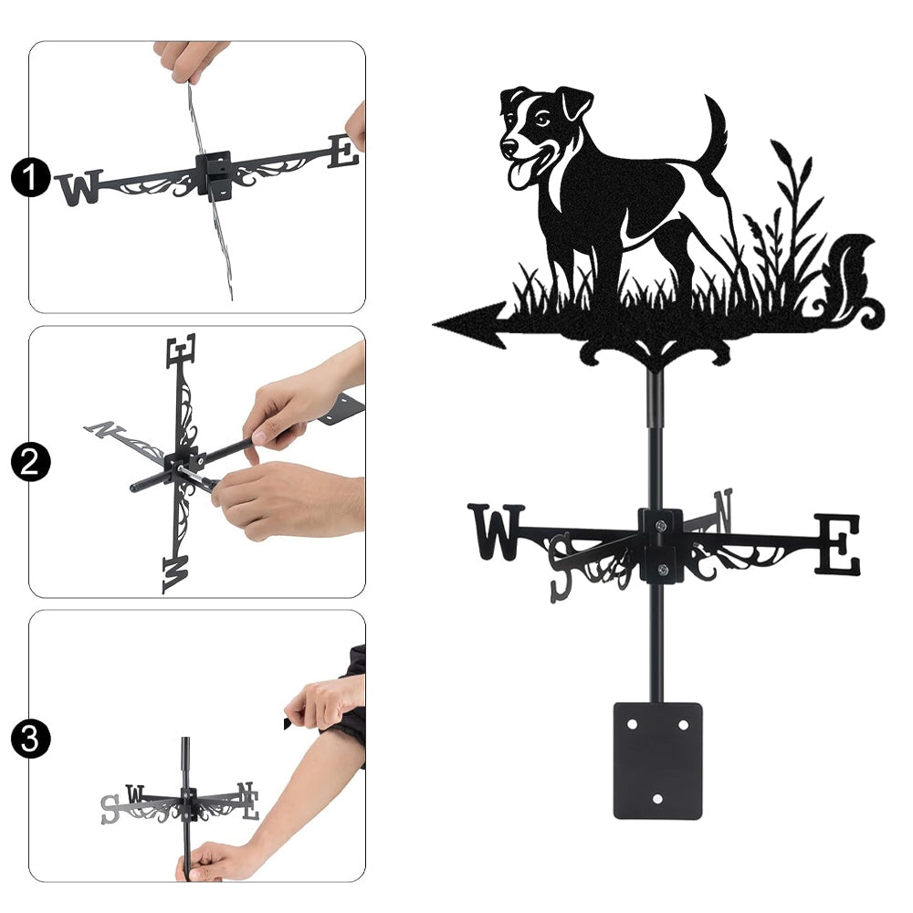 Jack russell terrier metal weather vane with directional arrows and mounting rod, outdoor roof and garden decoration
