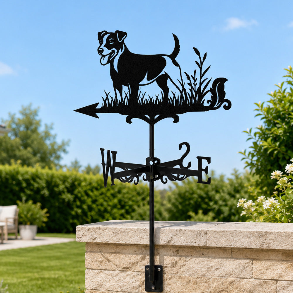 Jack russell terrier metal weather vane with directional arrows and mounting rod, outdoor roof and garden decoration