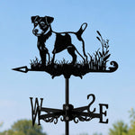 Jack russell terrier metal weather vane with directional arrows and mounting rod, outdoor roof and garden decoration