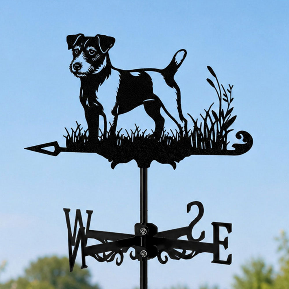 Jack russell terrier metal weather vane with directional arrows and mounting rod, outdoor roof and garden decoration