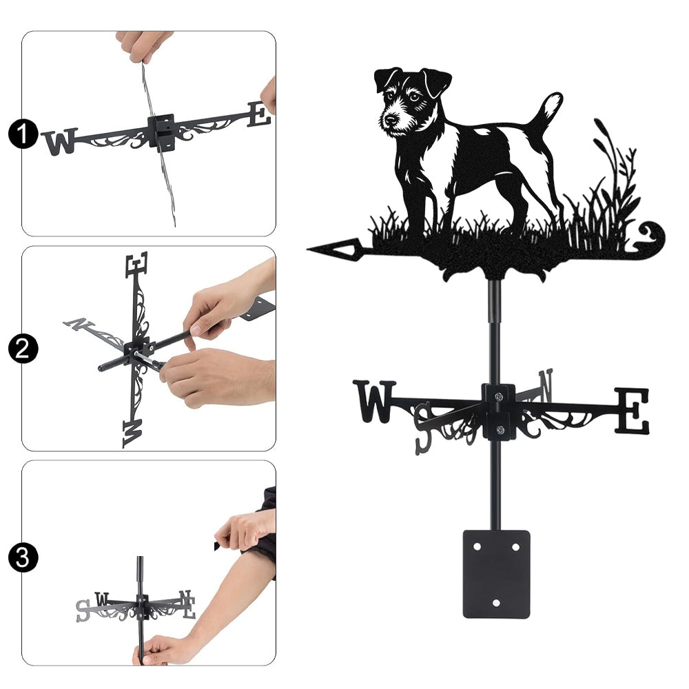 Jack russell terrier metal weather vane with directional arrows and mounting rod, outdoor roof and garden decoration