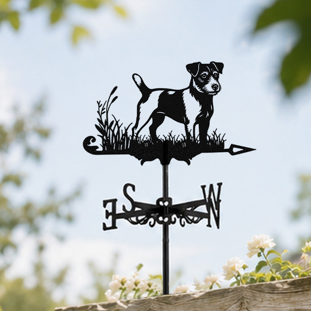 Jack russell terrier metal weather vane with directional arrows and mounting rod, outdoor roof and garden decoration