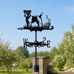 Jack russell terrier metal weather vane with directional arrows and mounting rod, outdoor roof and garden decoration