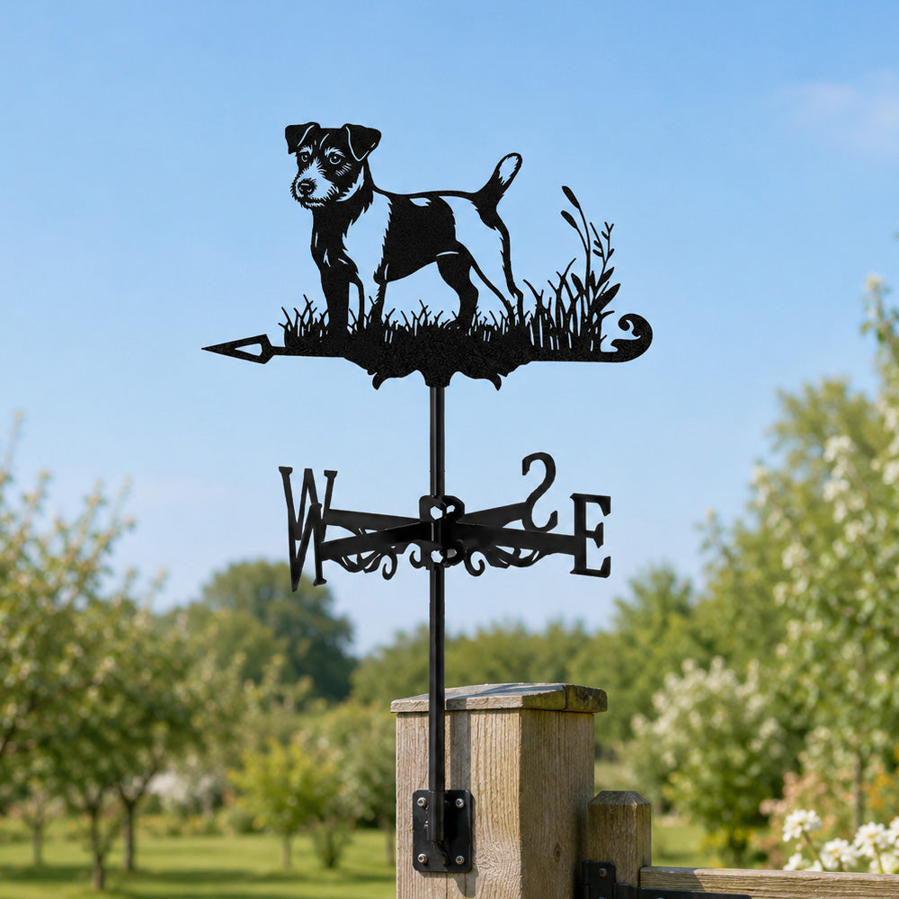 Jack russell terrier metal weather vane with directional arrows and mounting rod, outdoor roof and garden decoration