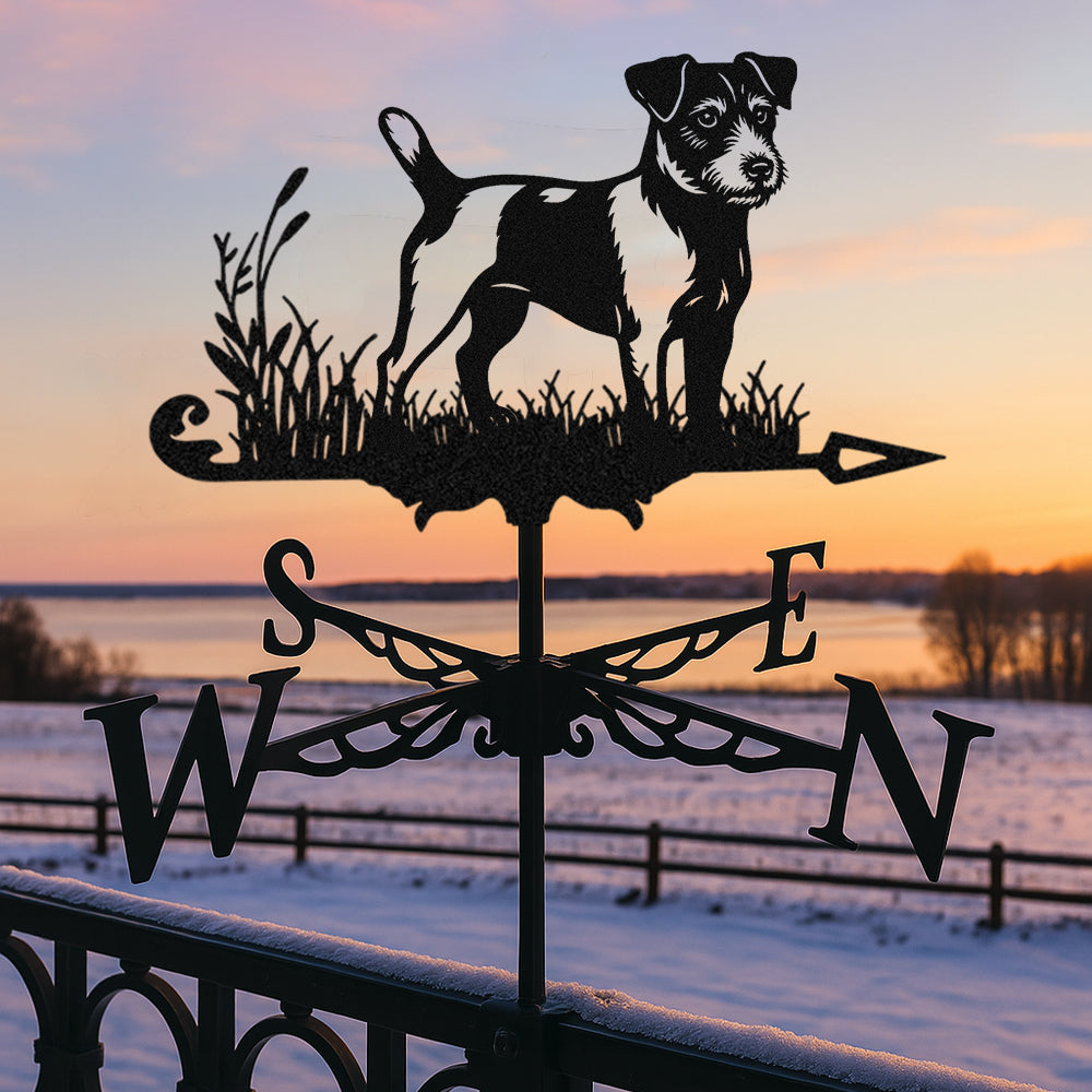 Jack russell terrier metal weather vane with directional arrows and mounting rod, outdoor roof and garden decoration