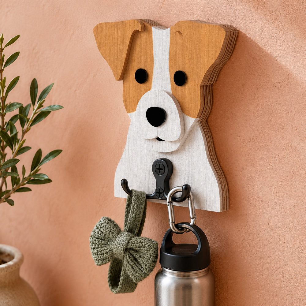 Wooden jack russell dog wall hook key and leash holder for home entryway organizer