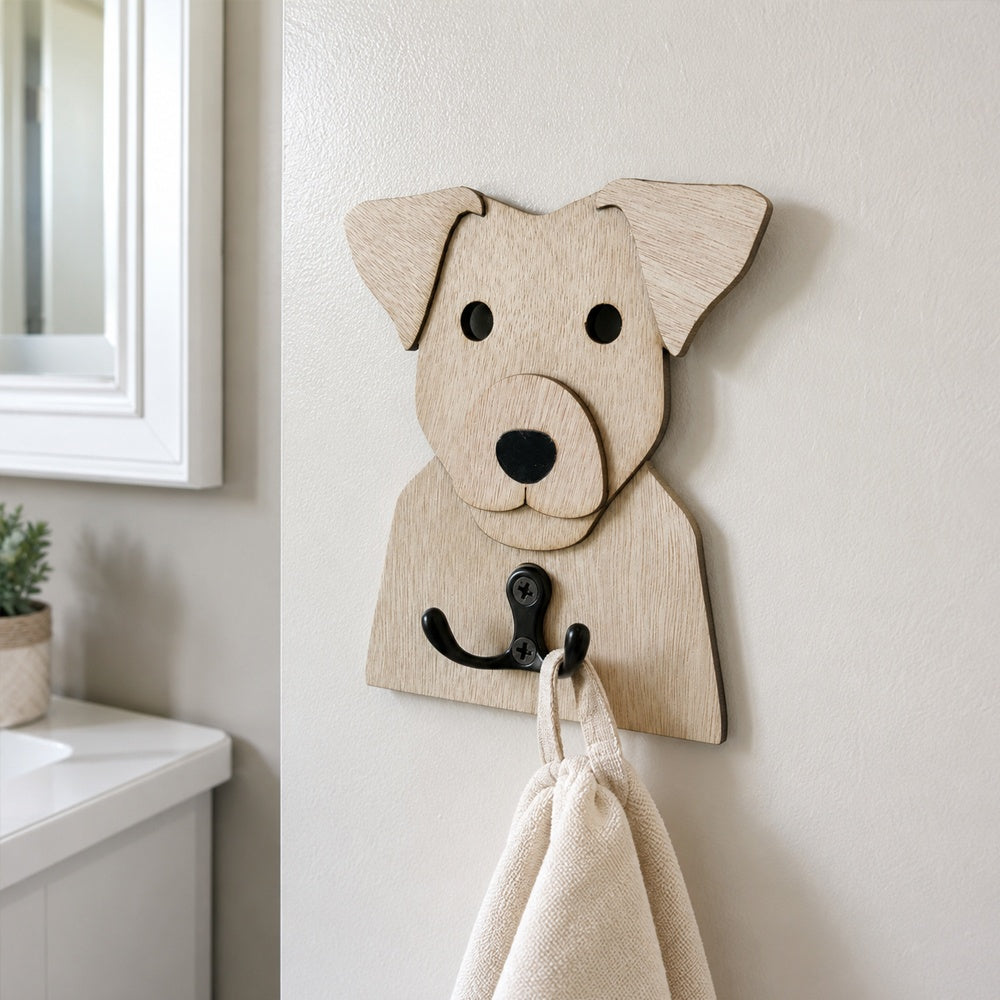 Wooden jack russell dog wall hook key and leash holder for home entryway organizer
