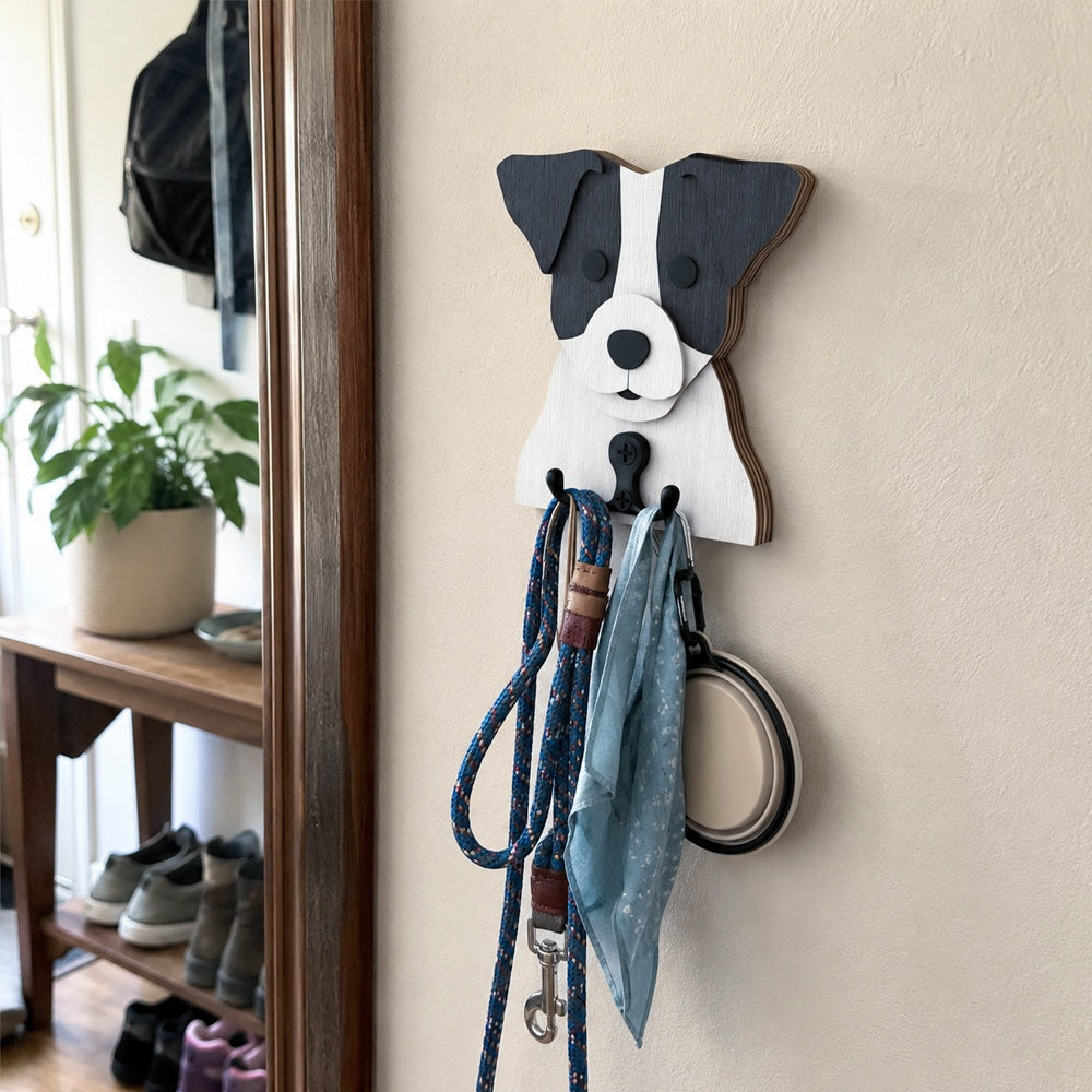 Wooden jack russell dog wall hook key and leash holder for home entryway organizer