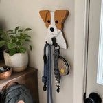 Wooden jack russell dog wall hook key and leash holder for home entryway organizer