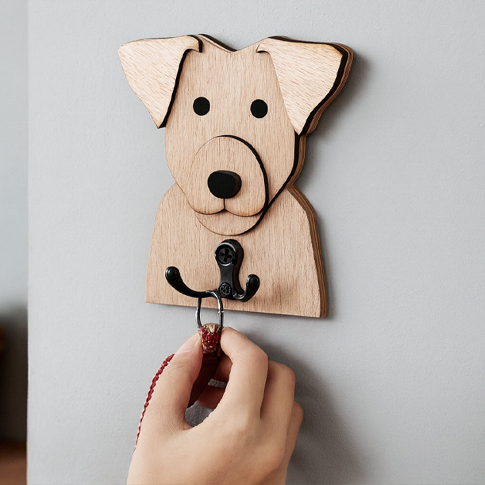 Wooden jack russell dog wall hook key and leash holder for home entryway organizer