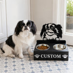 Personalized japanese chin dog metal dog bowl stand with custom name cutout and two removable feeding bowls