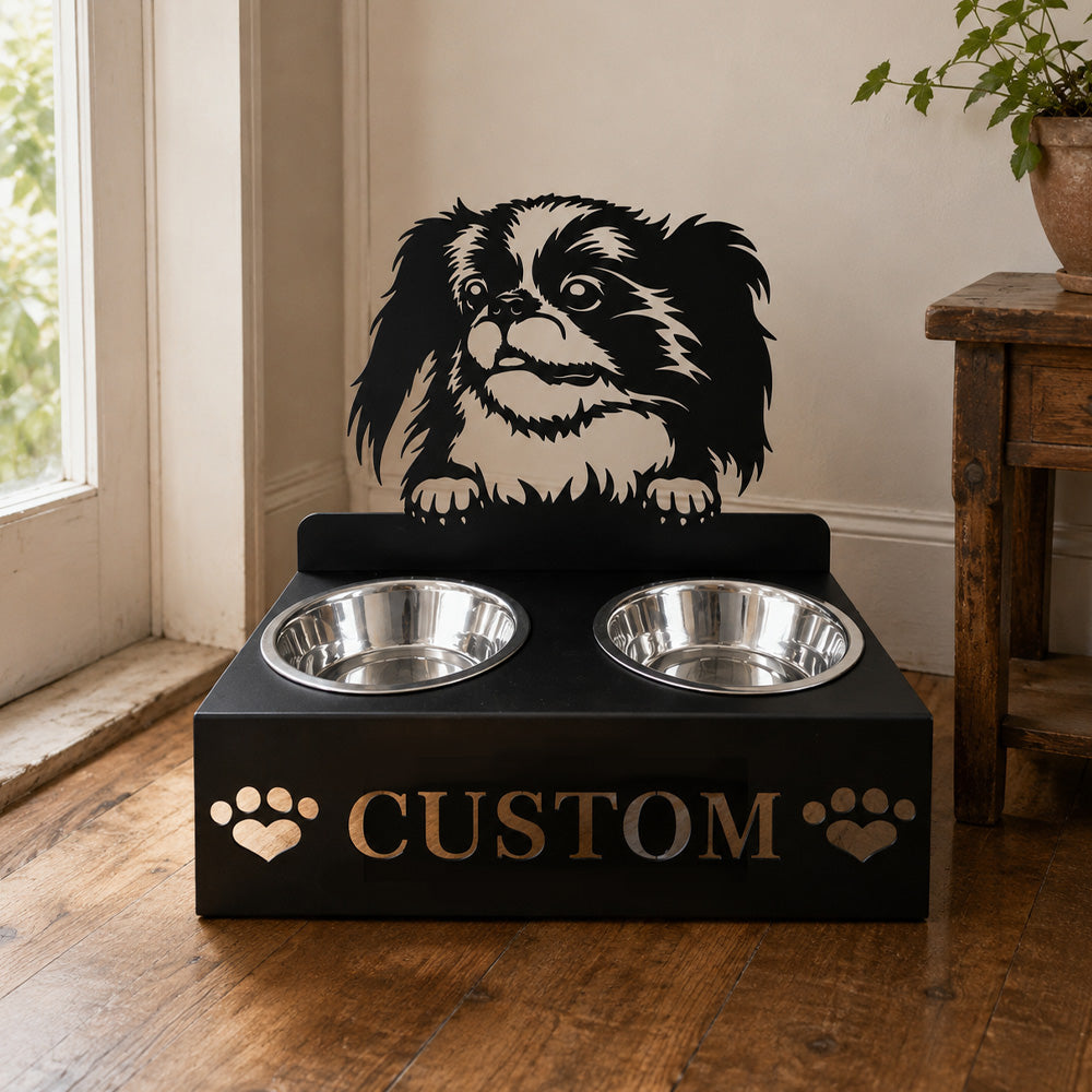 Personalized japanese chin dog metal dog bowl stand with custom name cutout and two removable feeding bowls