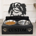 Personalized japanese chin dog metal dog bowl stand with custom name cutout and two removable feeding bowls
