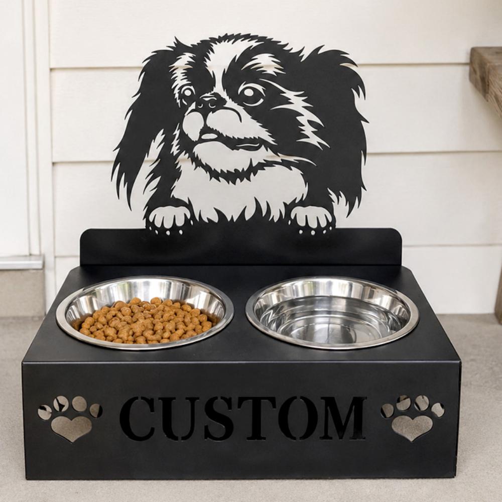 Personalized japanese chin dog metal dog bowl stand with custom name cutout and two removable feeding bowls