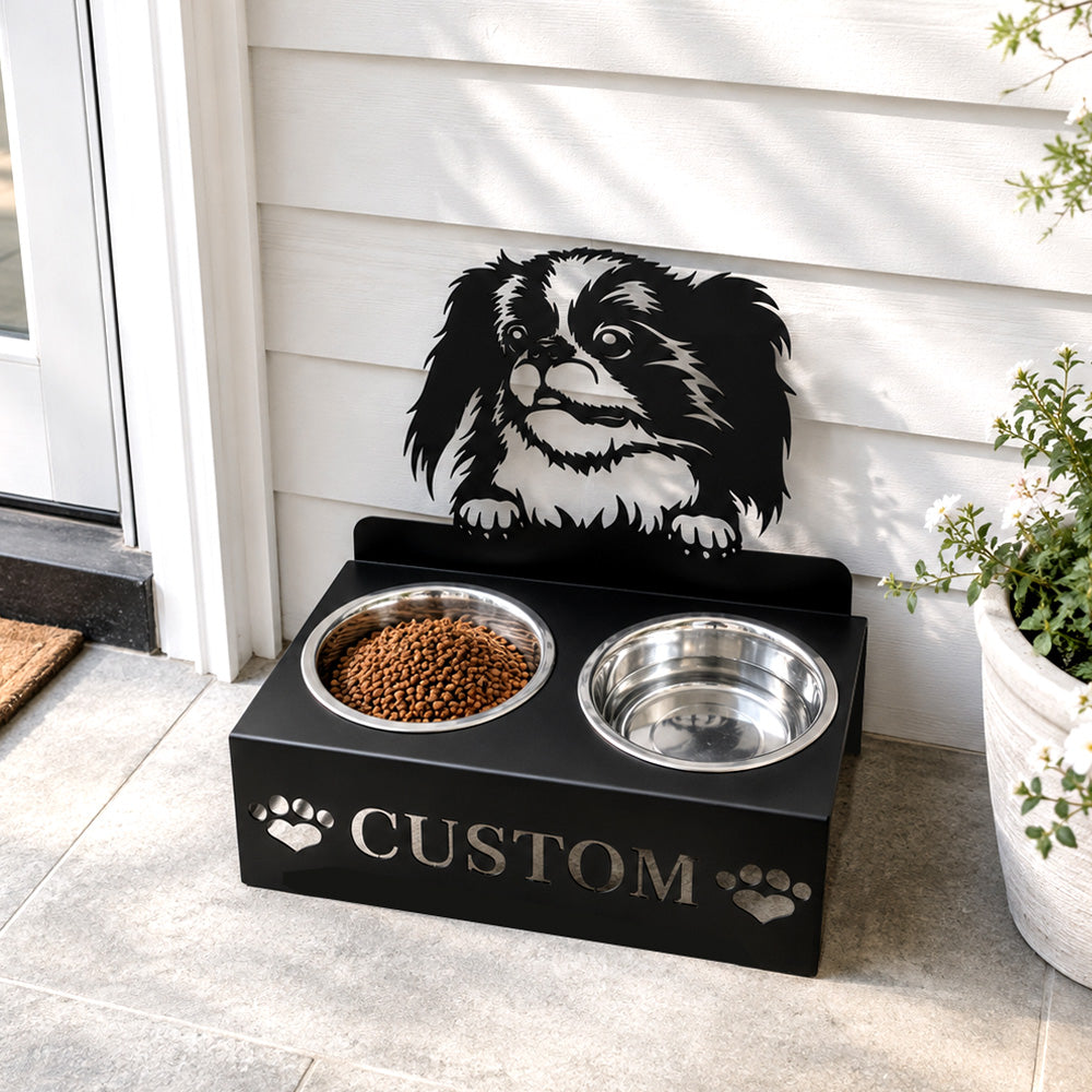 Personalized japanese chin dog metal dog bowl stand with custom name cutout and two removable feeding bowls