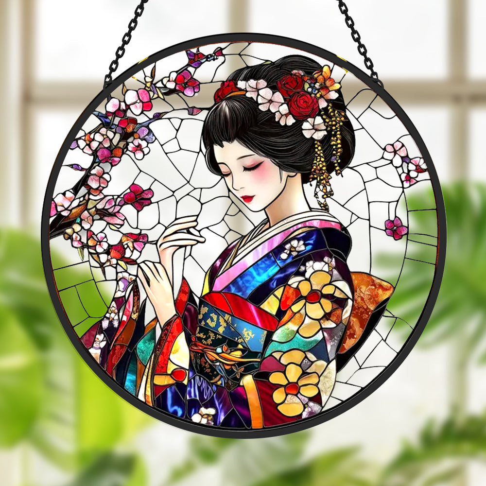 Japanese geisha stained glass suncatcher window hanging, suitable for home and garden decoration