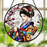 Japanese geisha stained glass suncatcher window hanging, suitable for home and garden decoration