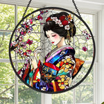 Japanese geisha stained glass suncatcher window hanging, suitable for home and garden decoration