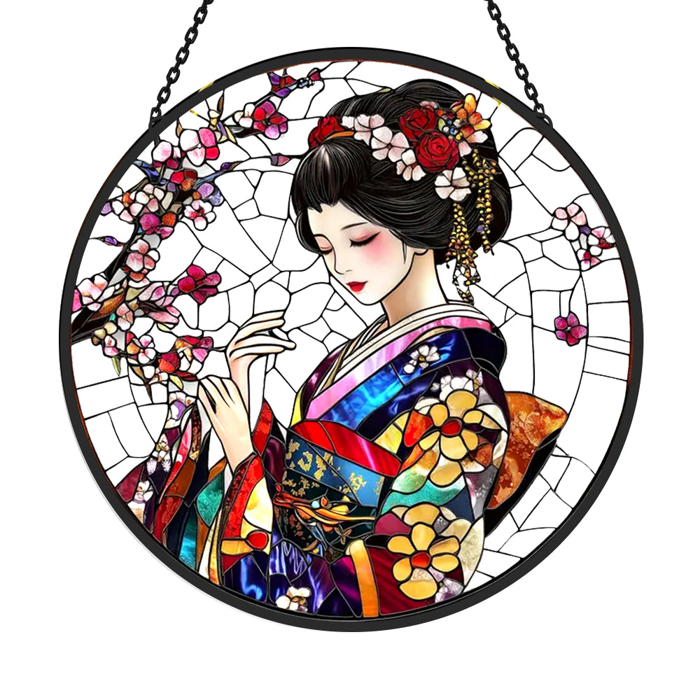 Japanese geisha stained glass suncatcher window hanging, suitable for home and garden decoration