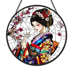 Japanese geisha stained glass suncatcher window hanging, suitable for home and garden decoration