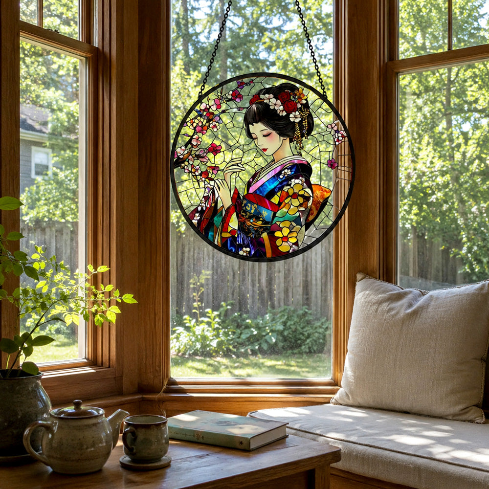 Japanese geisha stained glass suncatcher window hanging, suitable for home and garden decoration