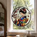 Japanese geisha stained glass suncatcher window hanging, suitable for home and garden decoration