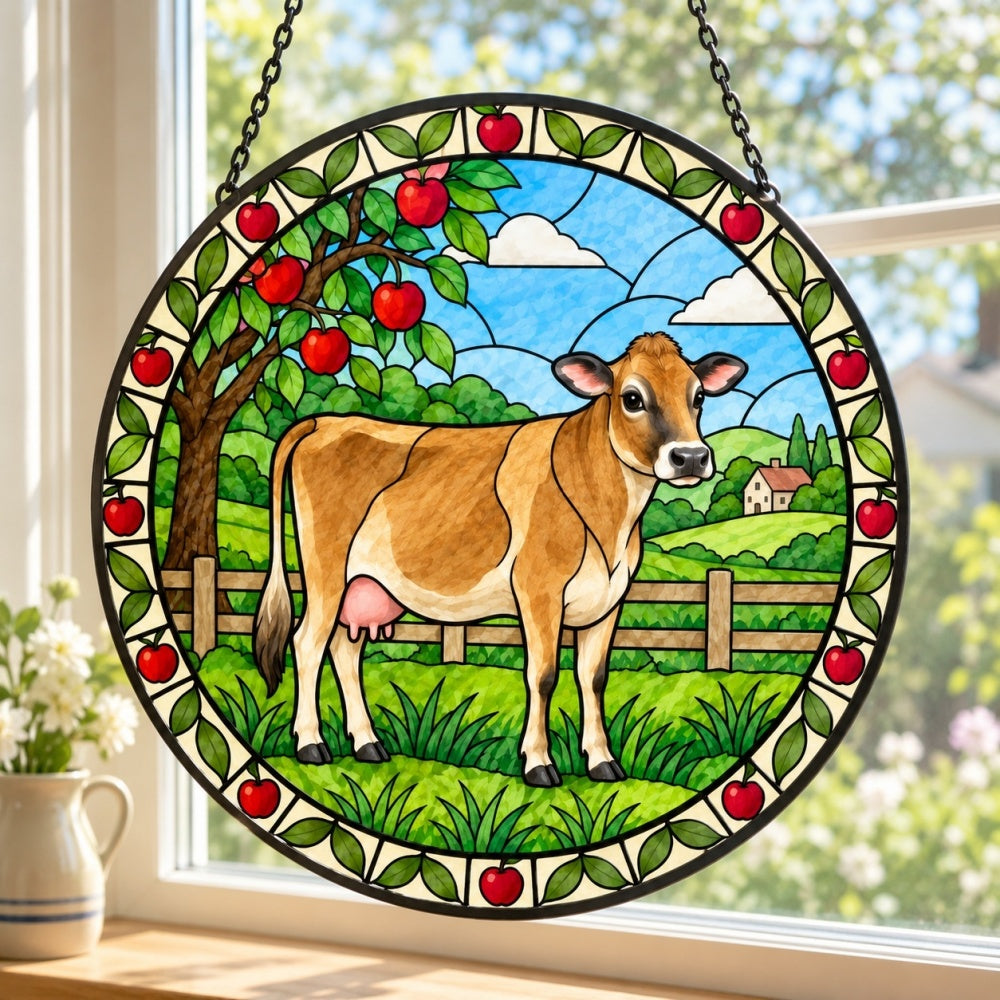 Jersey cattle stained glass suncatcher window hanging, suitable for home and garden decoration
