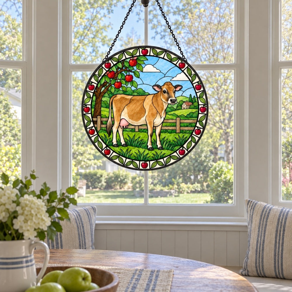 Jersey cattle stained glass suncatcher window hanging, suitable for home and garden decoration