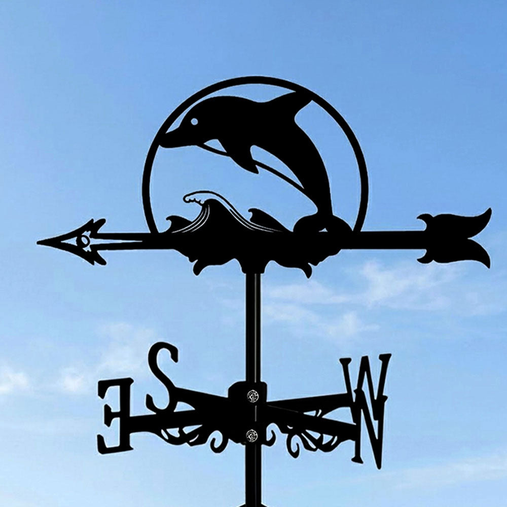 Jumping dolphin metal weather vane with directional arrows and mounting rod, outdoor roof and garden decoration