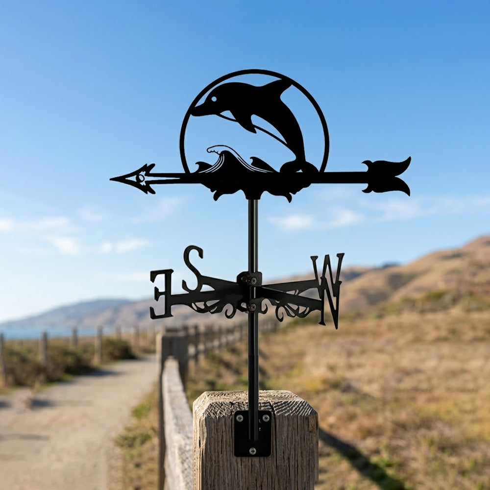 Jumping dolphin metal weather vane with directional arrows and mounting rod, outdoor roof and garden decoration